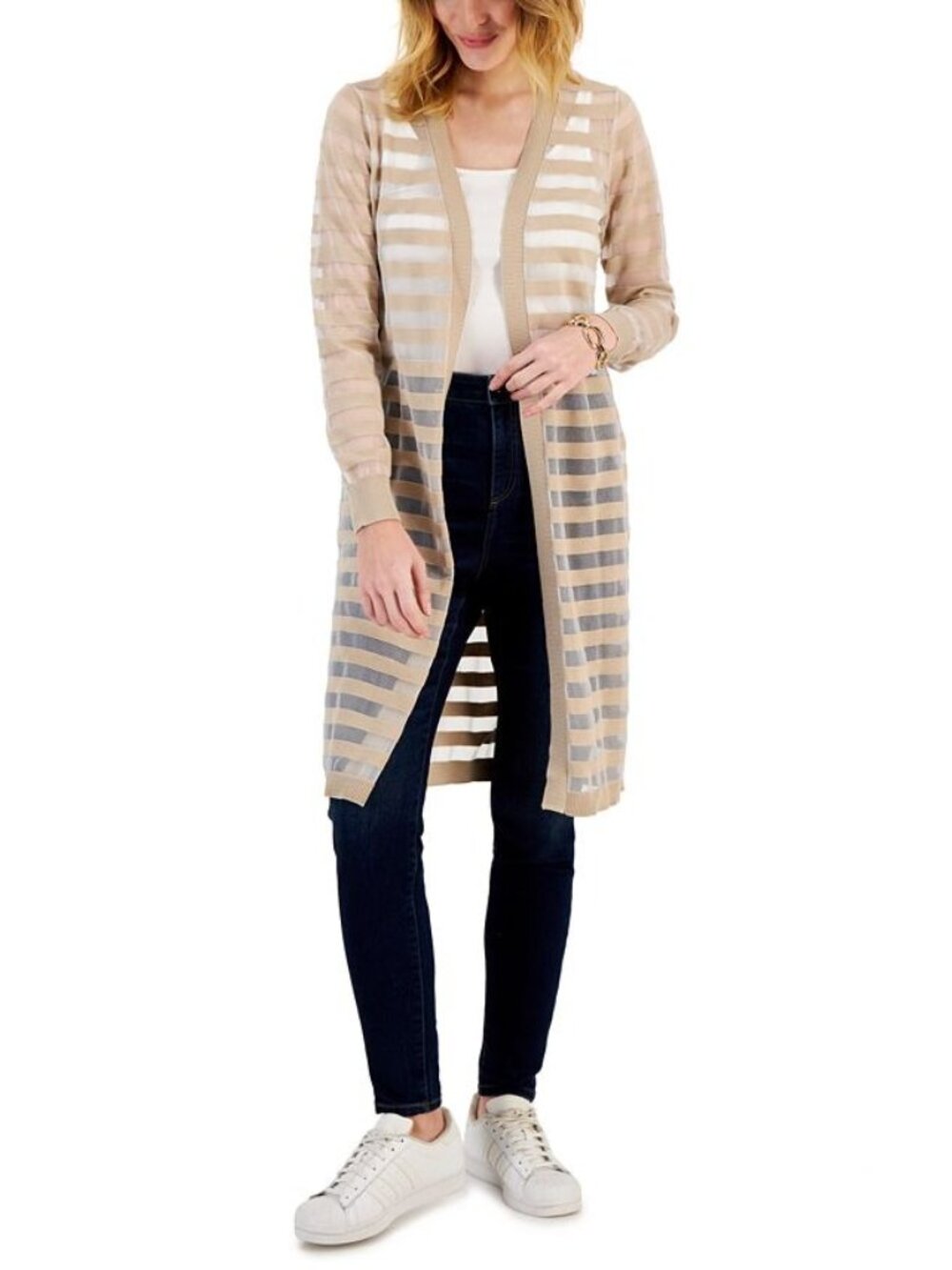 2/$30 INC International Concepts Striped Long Cardigan Beige Small #A4693